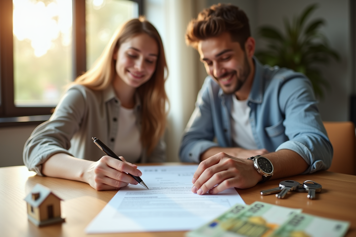 Jeune couple signant un contrat immobilier à la maison