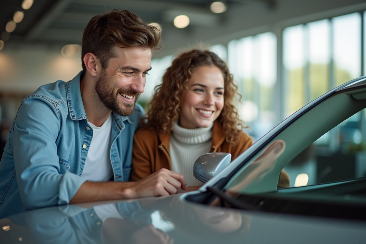 Jeune couple admirant une nouvelle voiture dans le showroom