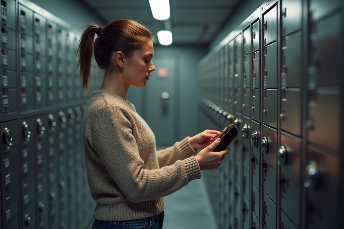 Jeune femme sécurisant un portefeuille dans un coffre-fort