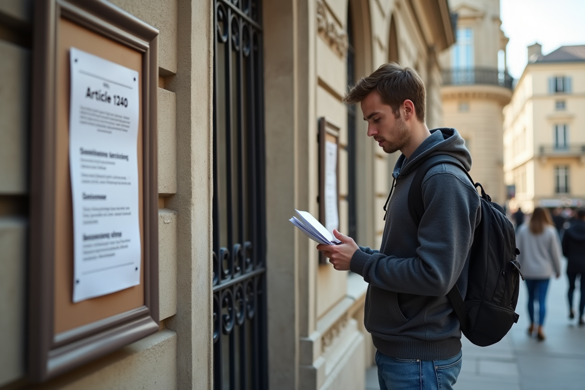 Jeune homme lisant une affiche Article 1240 devant le tribunal