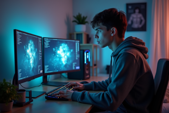 Jeune homme concentré sur son PC gaming dans une chambre moderne