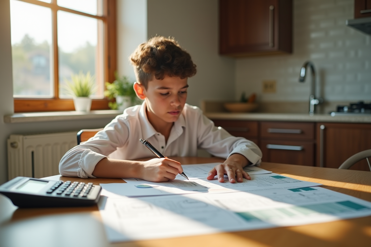 Jeune personne lisant documents de prêt immobilier à la maison