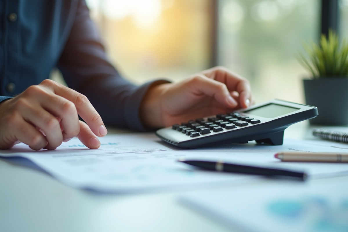 Jeune professionnel calculant ses finances au bureau lumineux