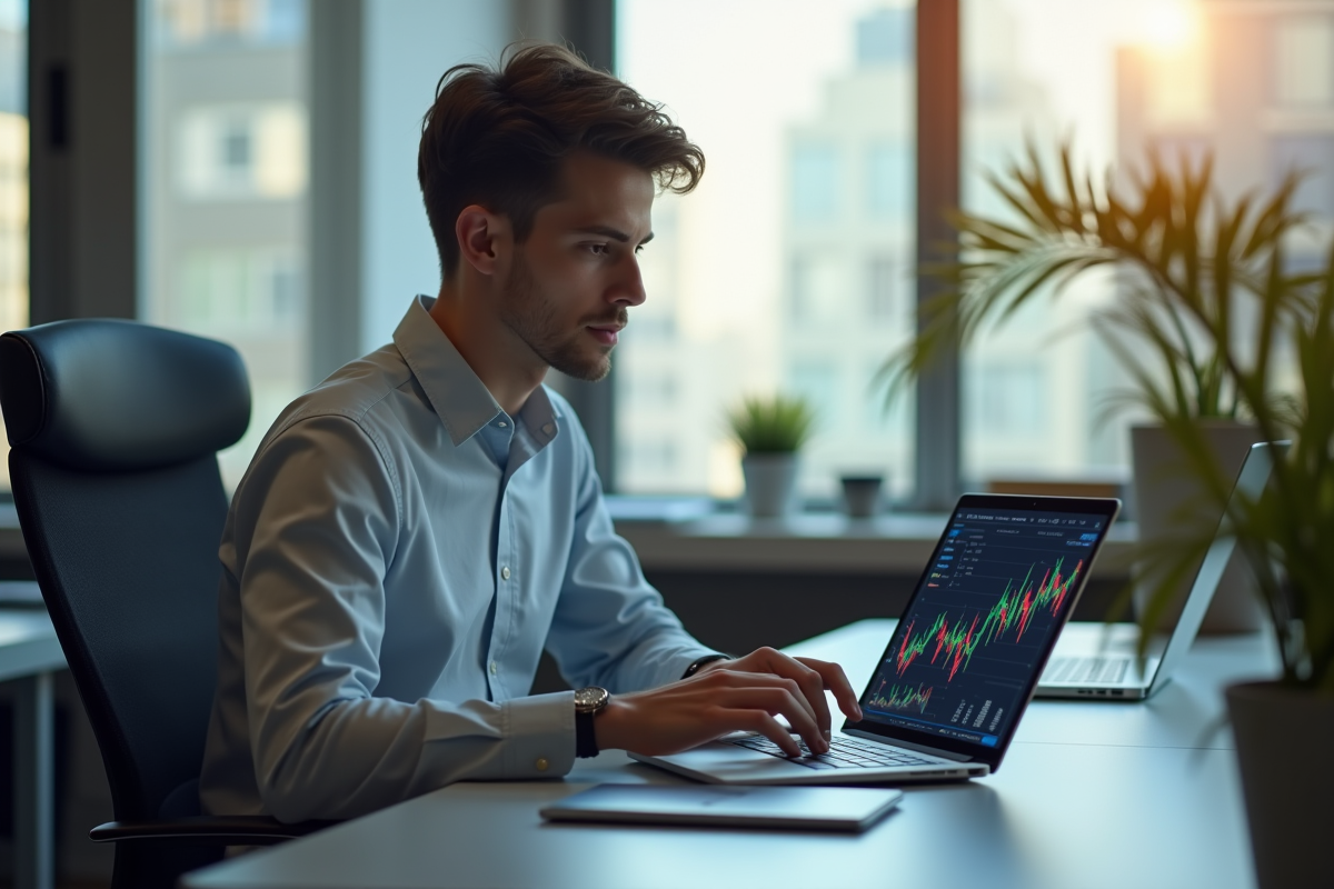 Jeune professionnel analysant graphiques Solana sur un ordinateur lumineux