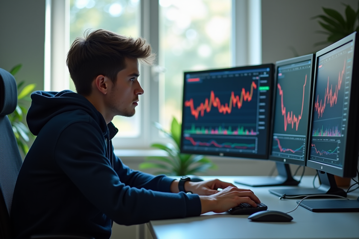 Jeune homme concentré devant ses écrans de bourse