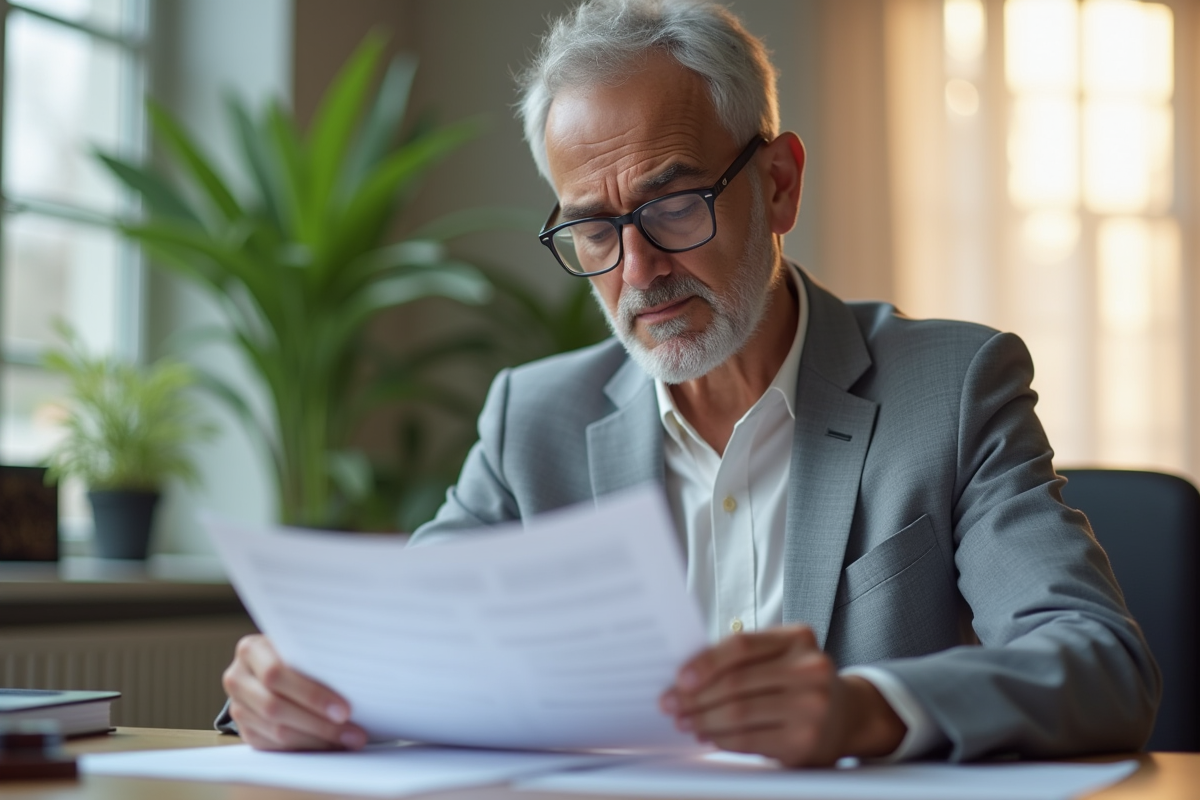 Adulte lisant une convocation juridique à un bureau lumineux