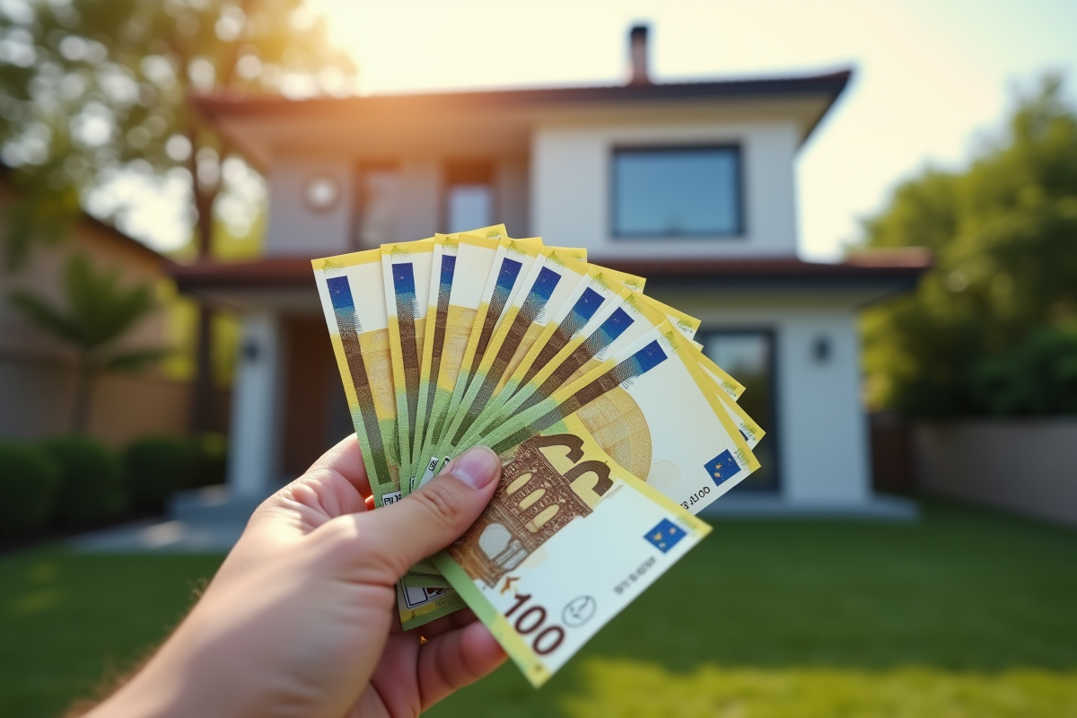 Main tenant des billets d euros devant une maison moderne