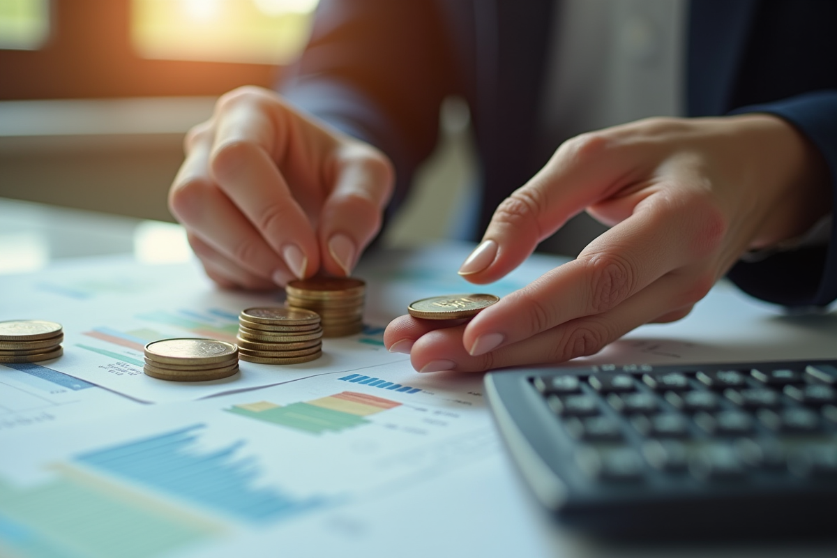 Mains tenant des pièces et calculatrice sur relevés financiers