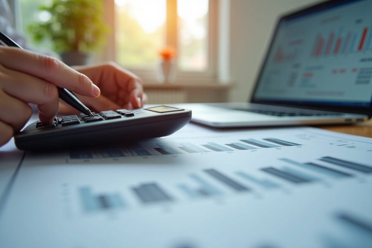 Mains utilisant une calculatrice et un stylo sur des documents financiers