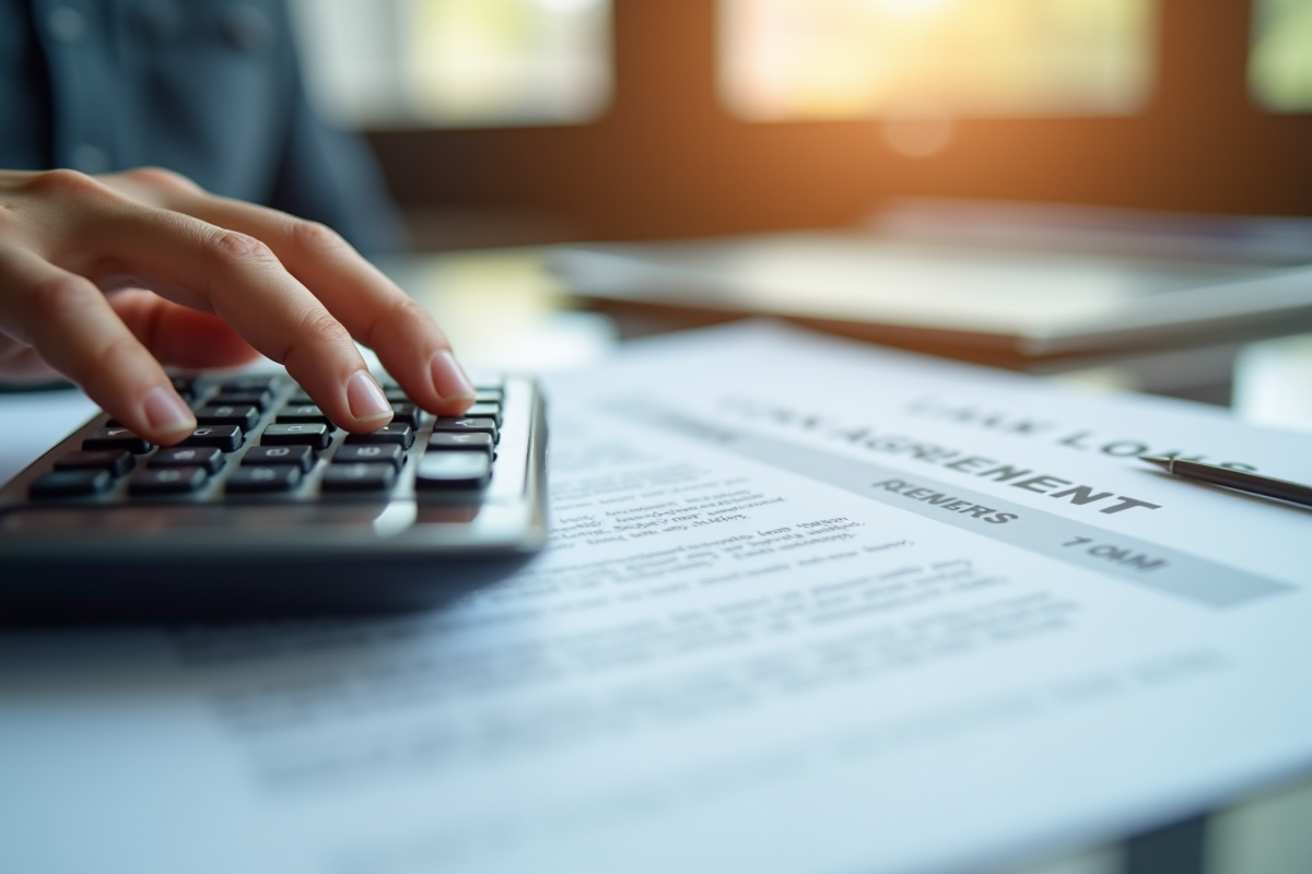 Une main tenant une calculatrice sur des papiers de prêt avec lumière douce