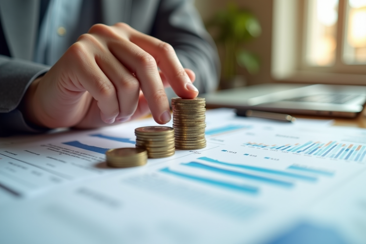 Main empilant des pièces sur des rapports financiers