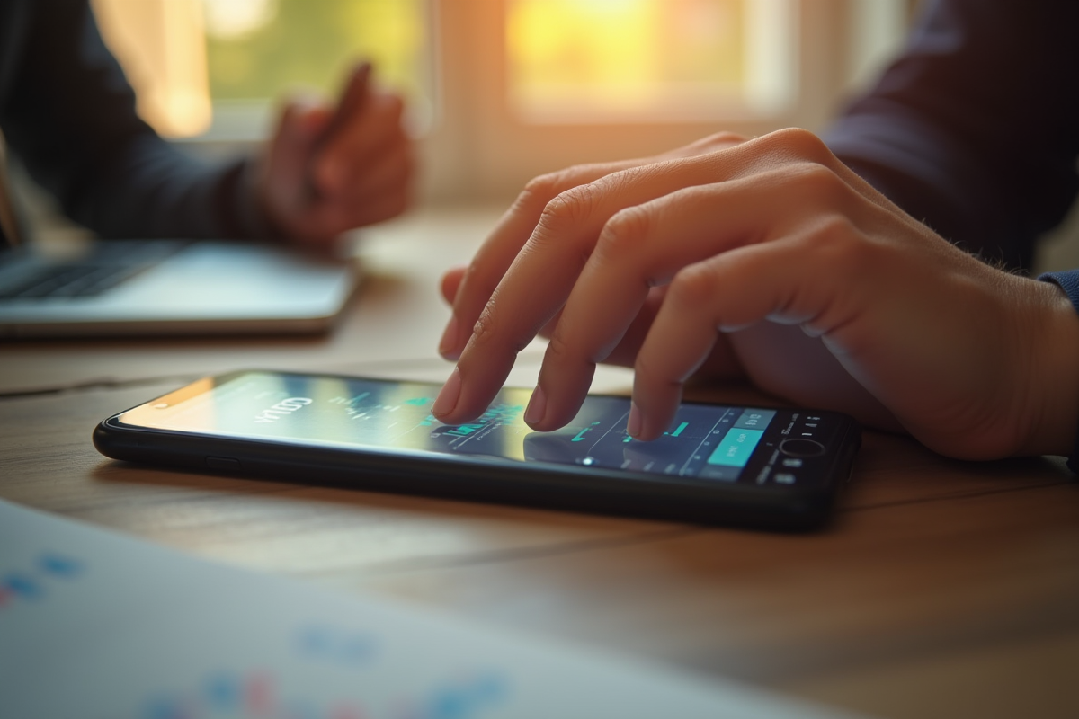 Main survolant une application de trading financier sur smartphone