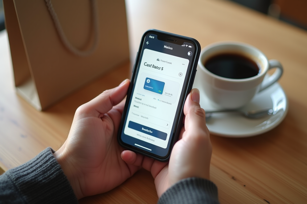 Main tenant un smartphone avec une application cashback sur une table de café