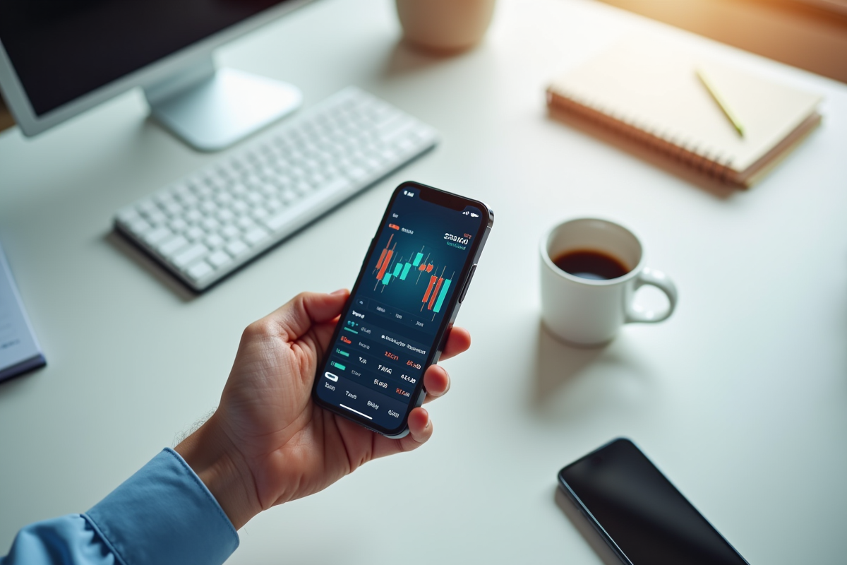 Main tenant un smartphone avec une application de trading