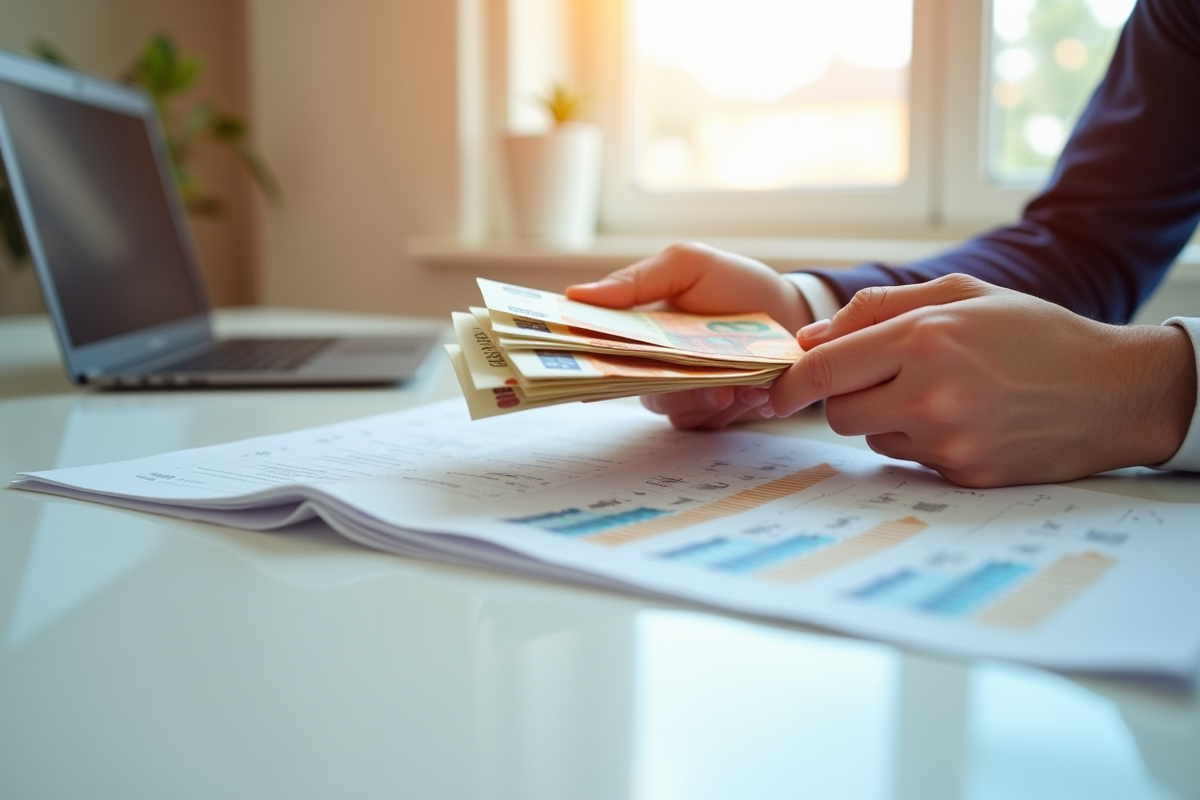 Mains tenant des billets et un graphique de pension sur bureau blanc