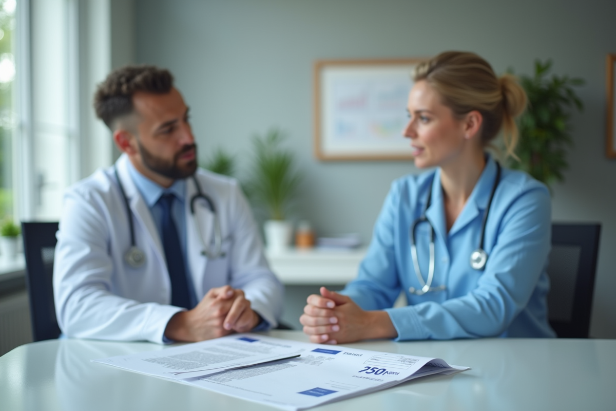 Médecin discutant avec patient et facture de 750 euros