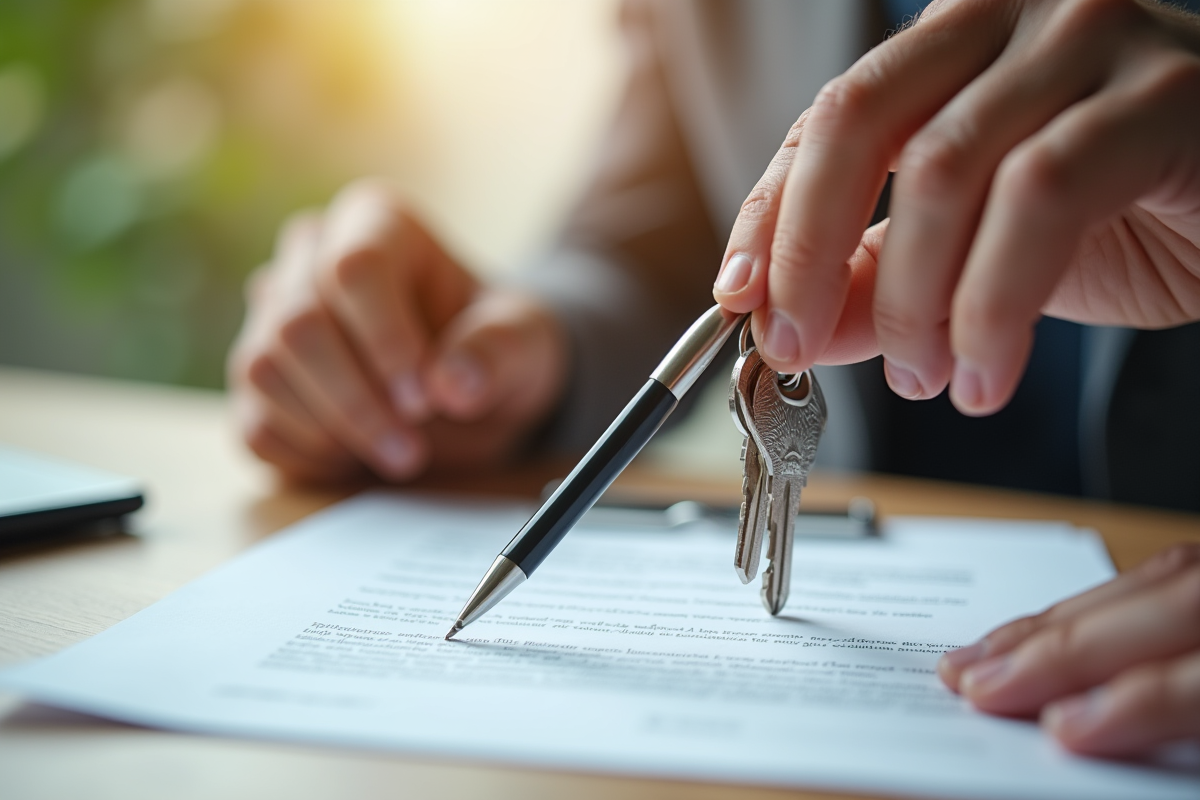 Main passant des clés de maison sur un contrat signé en lumière naturelle