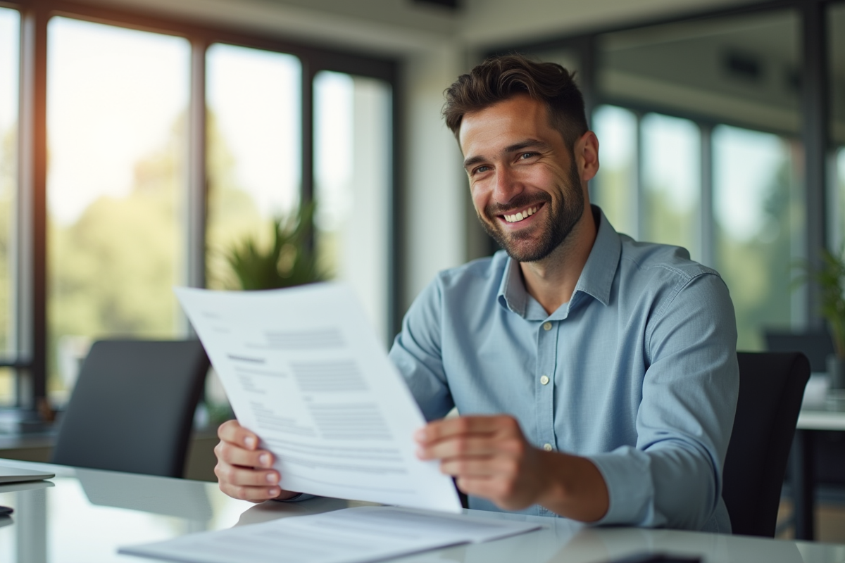 Personne souriante tenant documents de mortgage dans un bureau lumineux