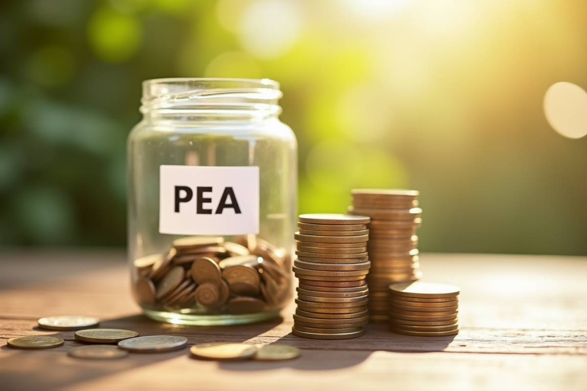 Pièces d euro empilées avec un label PEA sur une table en bois
