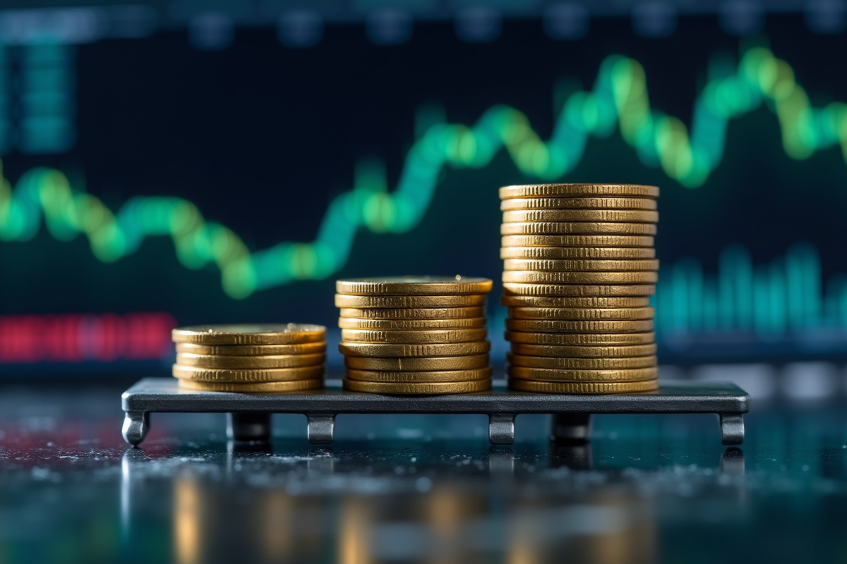 Pièces de monnaie empilées sur un levier métallique avec graphiques financiers en arrière-plan
