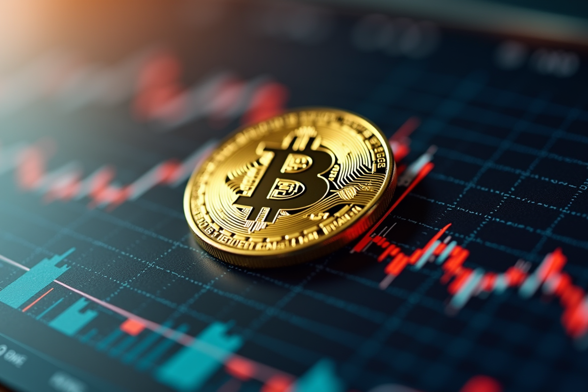 Pièce de Bitcoin dorée sur graphiques financiers