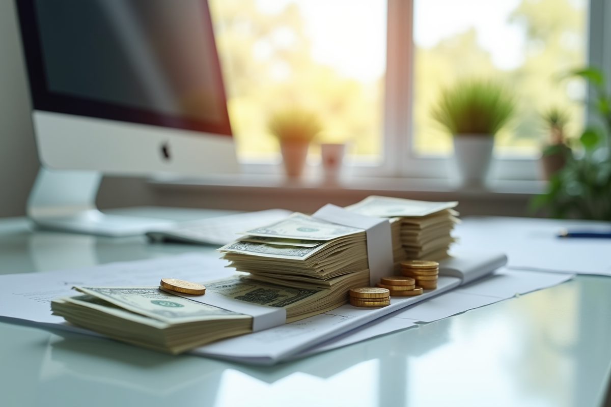 Pile de billets et monnaie sur un bureau lumineux