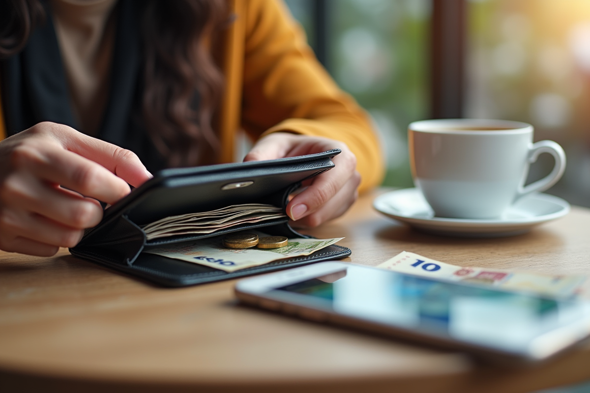 Étudiant français triant des pièces et billets dans un café lumineux