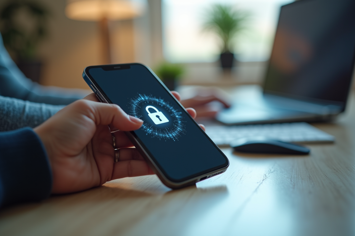 Main tenant un portefeuille crypto et smartphone avec cadenas
