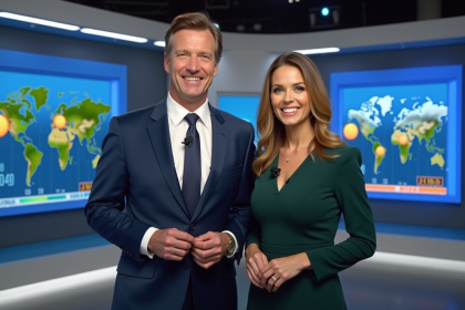 Présentateurs météo souriants dans un studio moderne