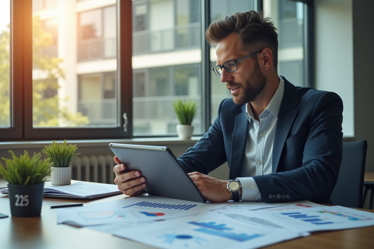 Professionnel confiant analysant des graphiques boursiers sur une tablette
