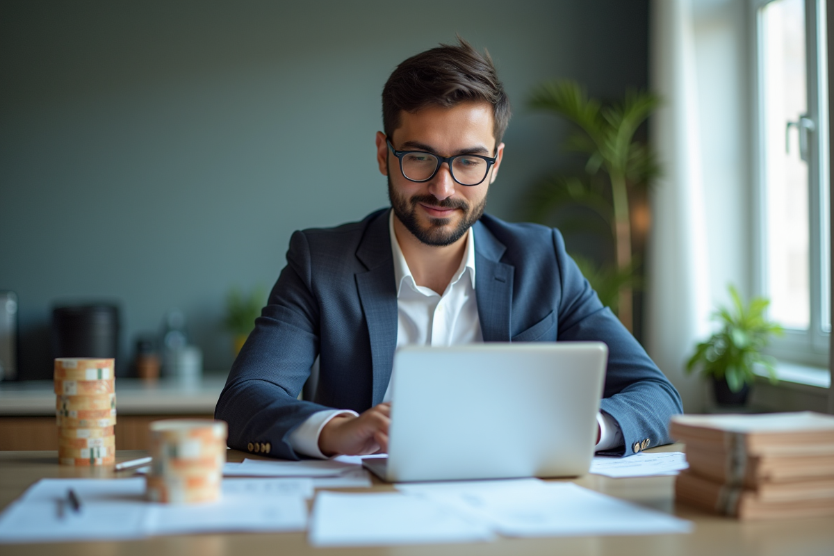 Professionnel confiant au bureau avec argent et documents