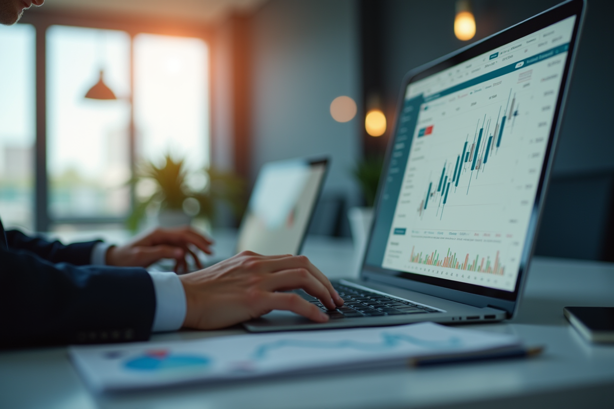 Professionnel confiant analysant des données financières sur un écran lumineux