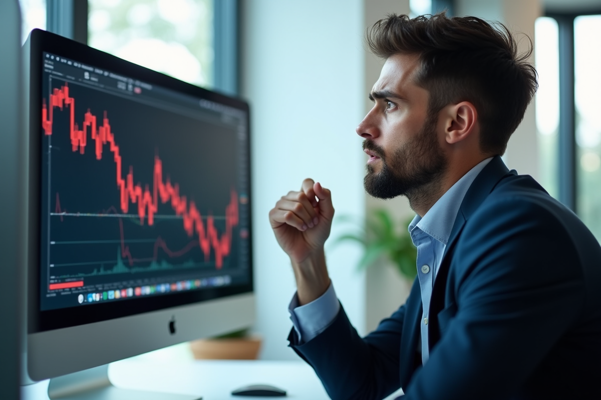 Professionnel inquiet regardant un graphique boursier en baisse