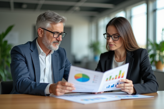 Homme et femme d'affaires analysant des graphiques dans un bureau