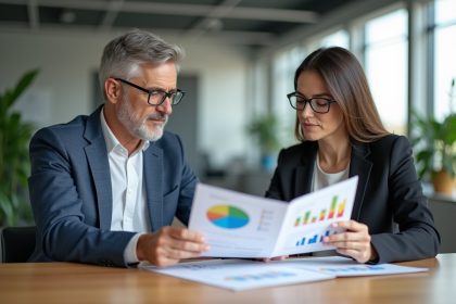 Homme et femme d'affaires analysant des graphiques dans un bureau