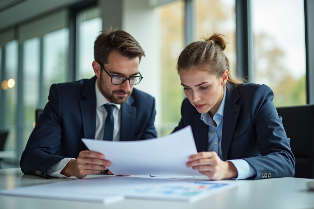 Deux professionnels en affaires analysant des documents financiers