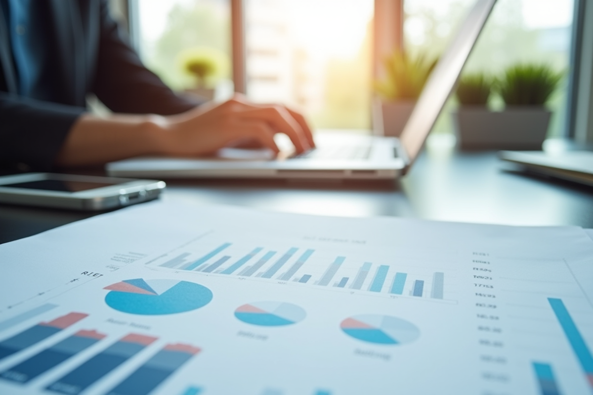 Rapport financier ouvert avec graphiques clairs sur un bureau moderne