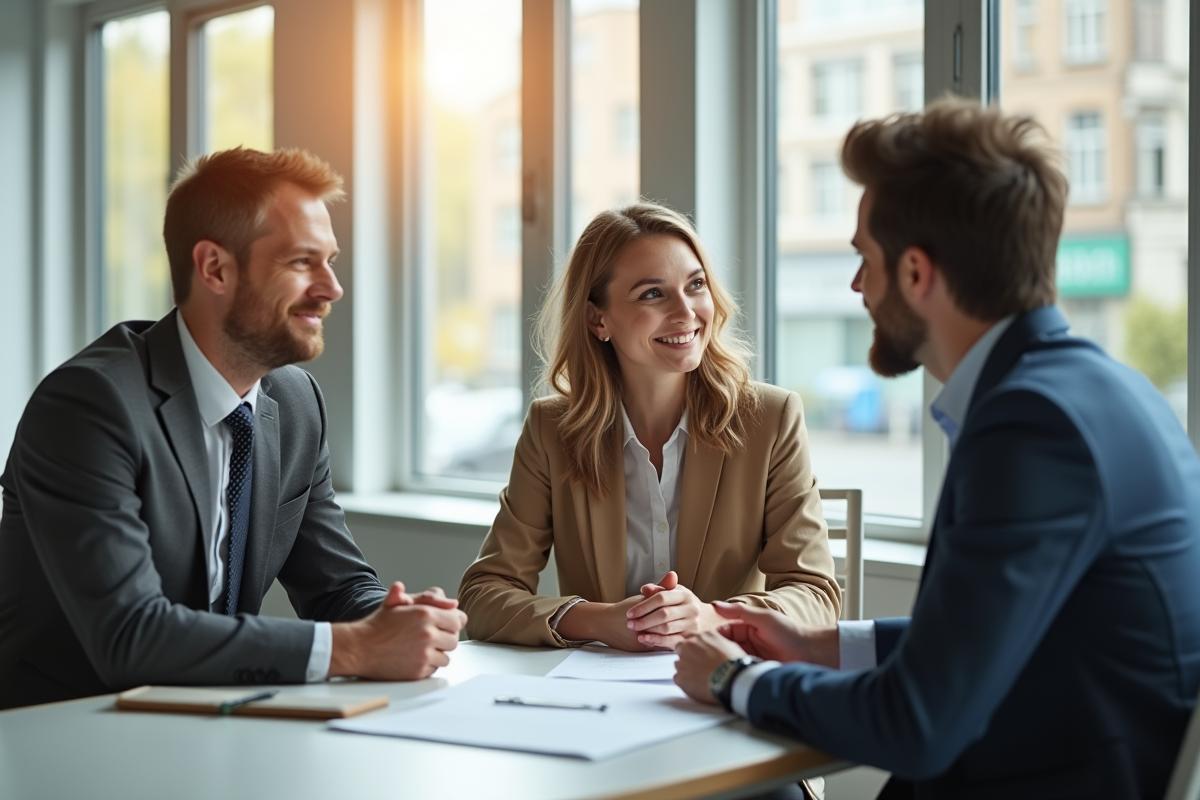 Jeune couple avec conseiller bancaire dans bureau lumineux