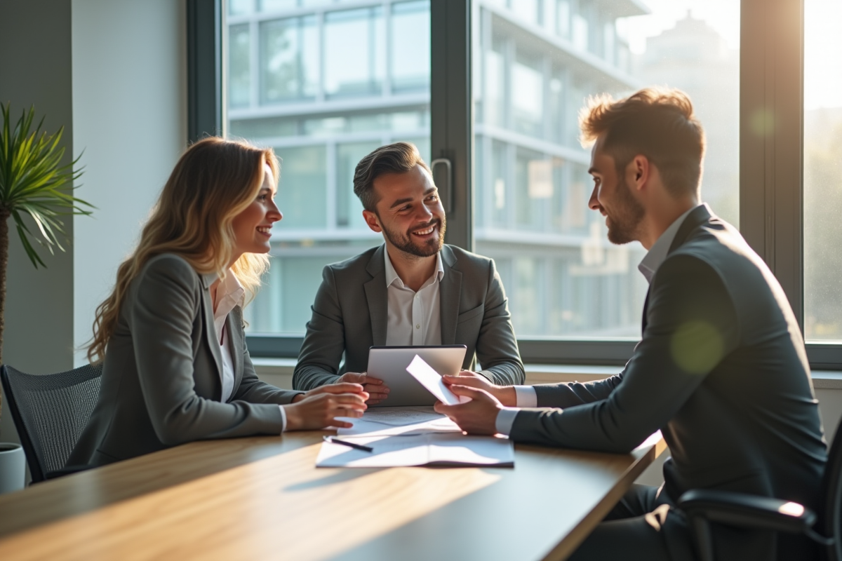 Jeune couple rencontrant un conseiller financier dans un bureau lumineux