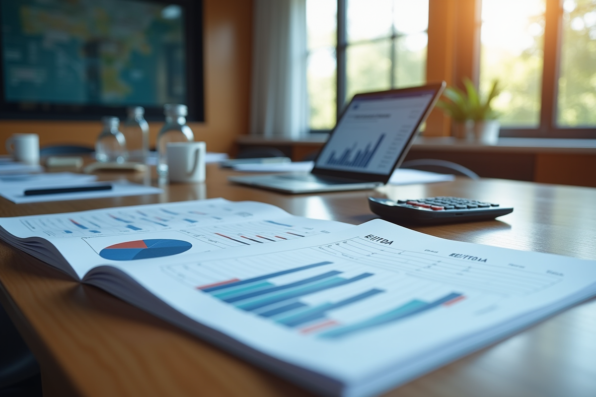 Salle de réunion avec rapports financiers et graphique EBITDA