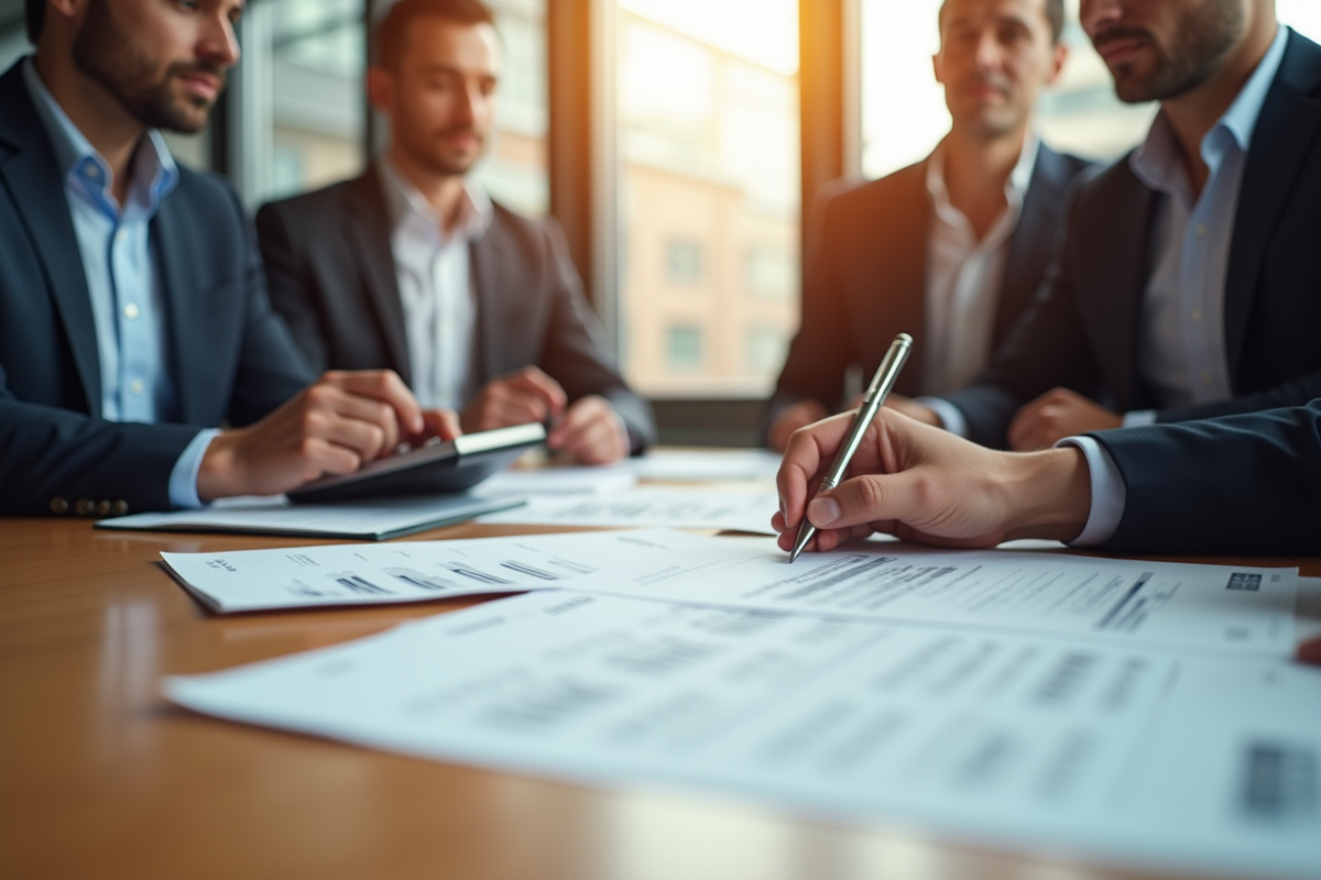 Groupe de professionnels en réunion d'affaires avec documents financiers