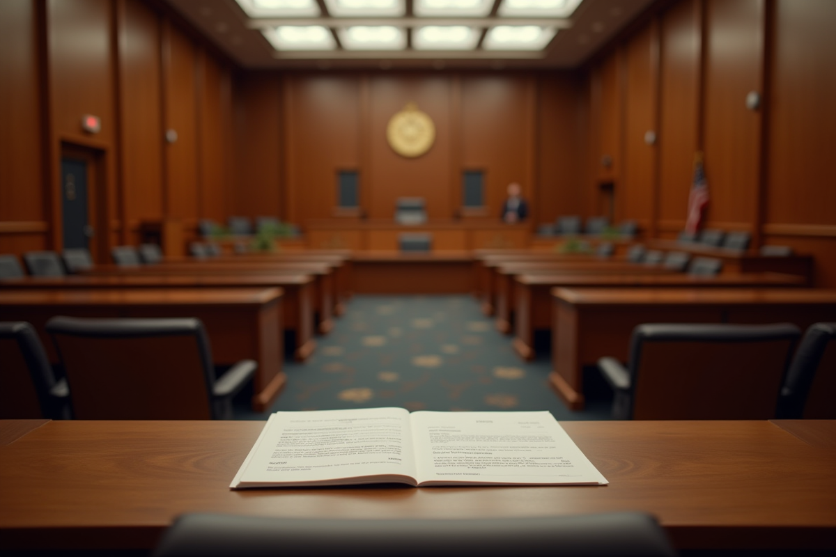 Salles de tribunal vides avec bureau du juge en premier plan