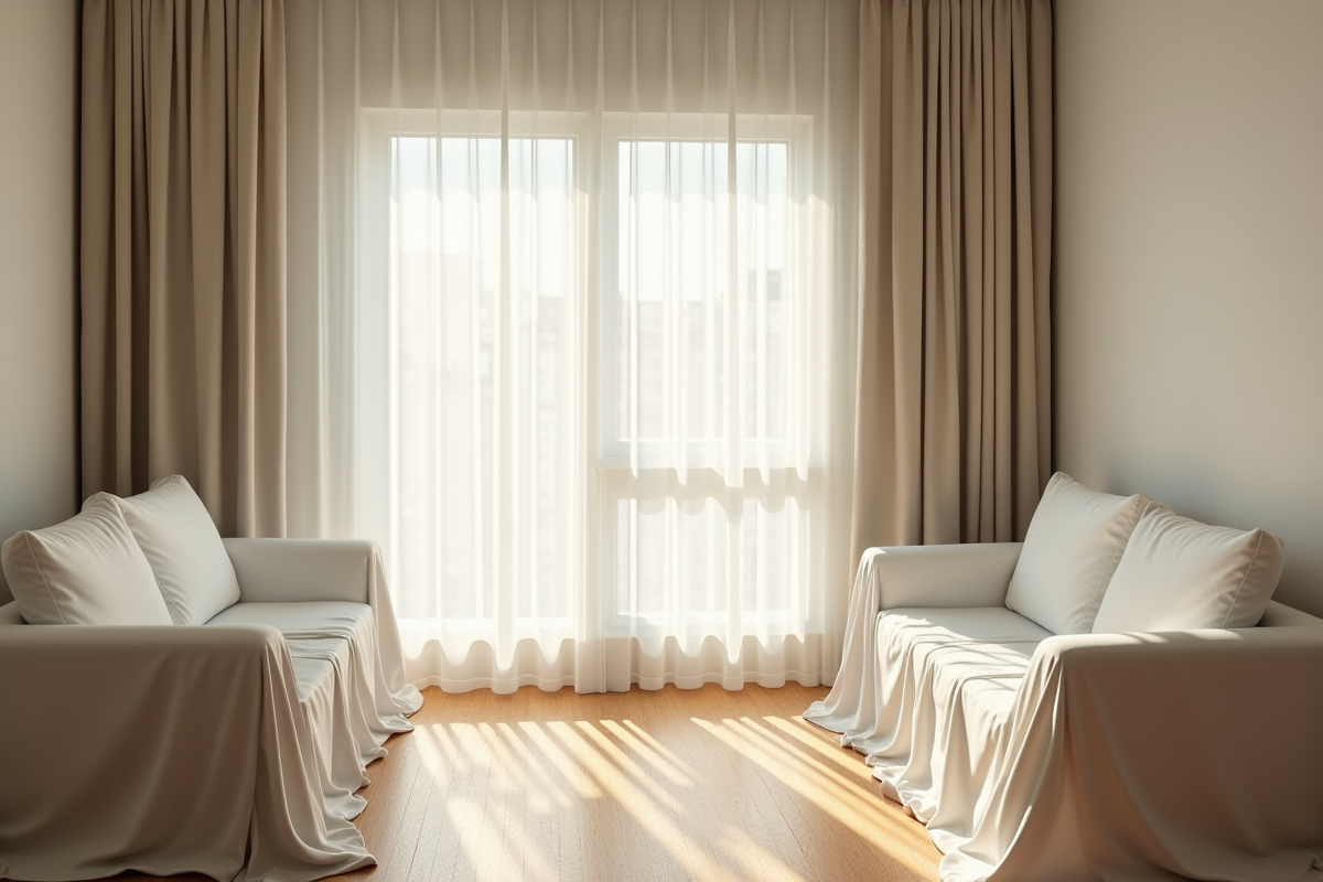 Salon lumineux et propre avec meubles recouverts de draps blancs