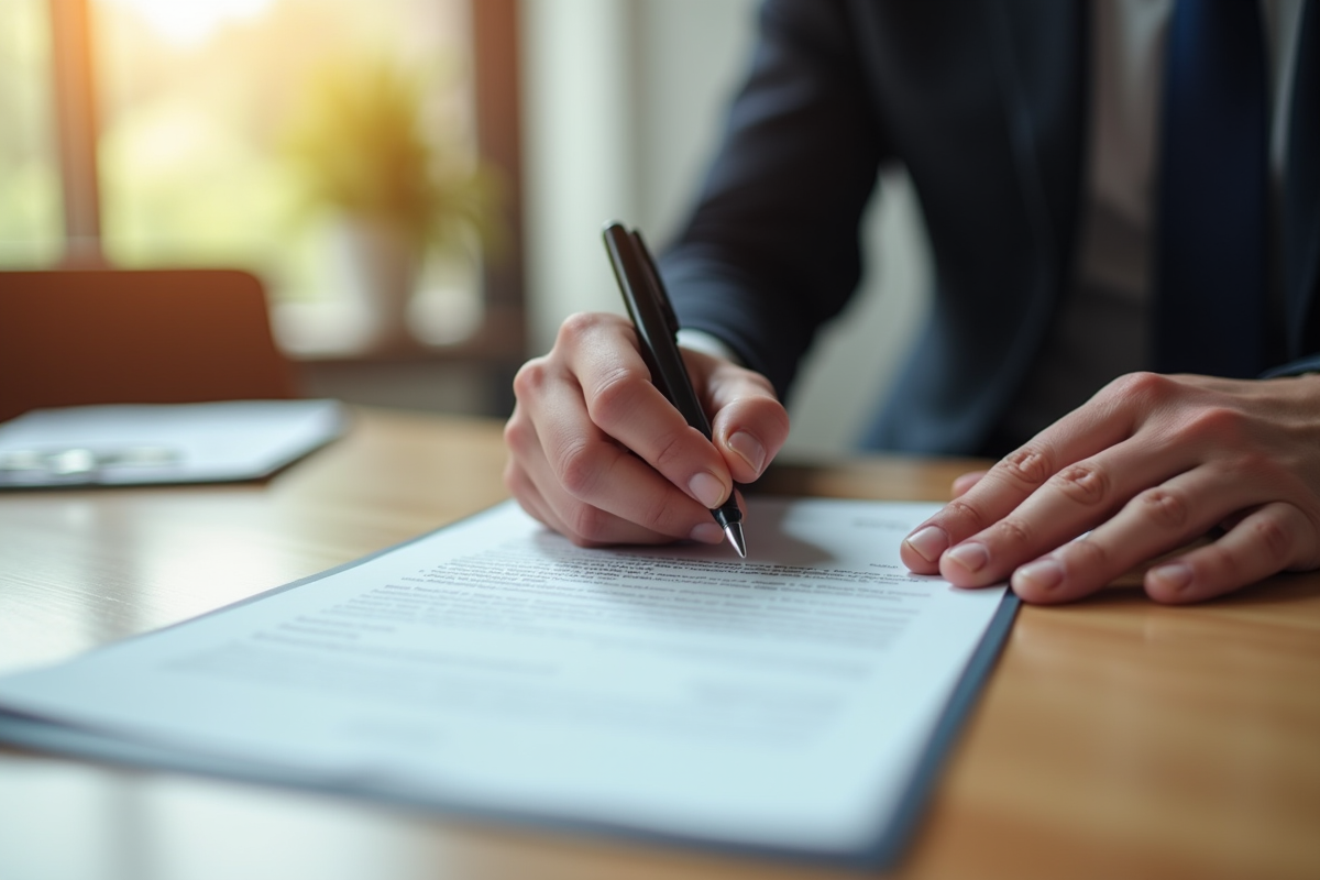 Main signant un contrat de prêt sur un bureau en bois