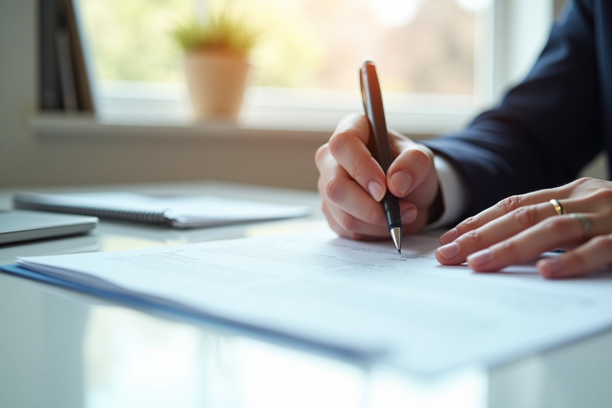 Main signant un contrat de prêt bancaire sur un bureau blanc