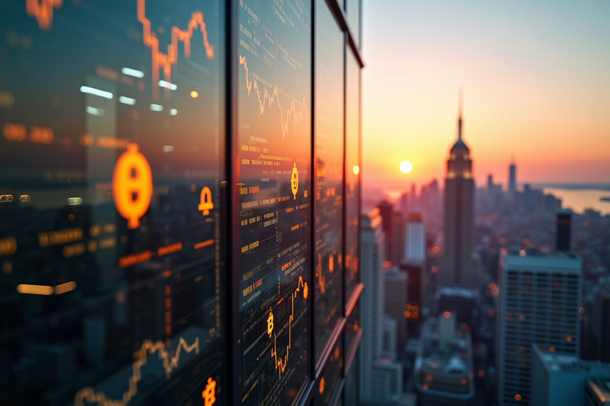 Silhouette urbaine refletée avec symboles de cryptomonnaies et actions