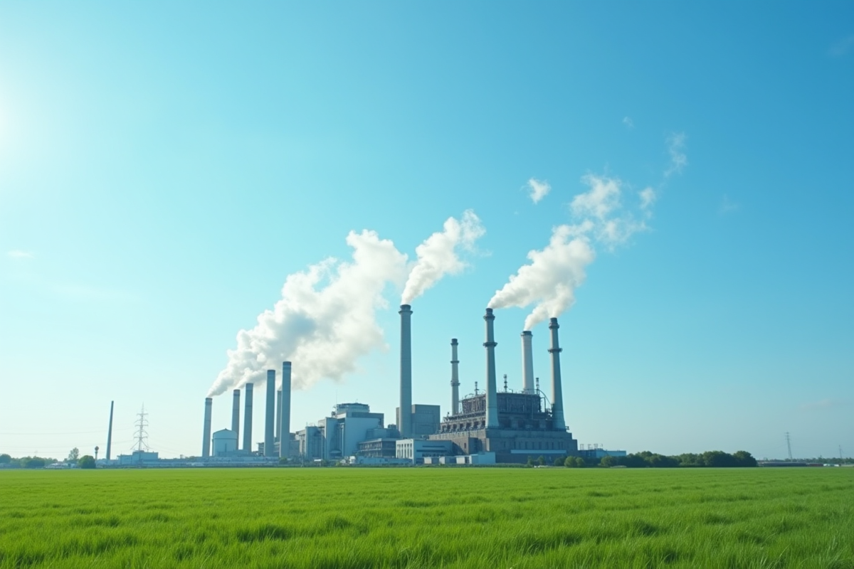 Usine industrielle avec fumée sous ciel bleu clair