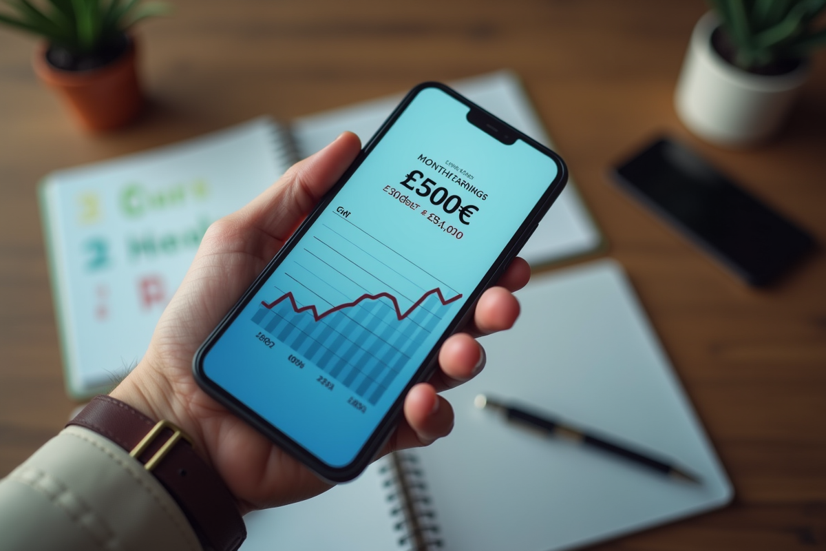 Vue de dessus d une main avec graphique de revenus sur smartphone